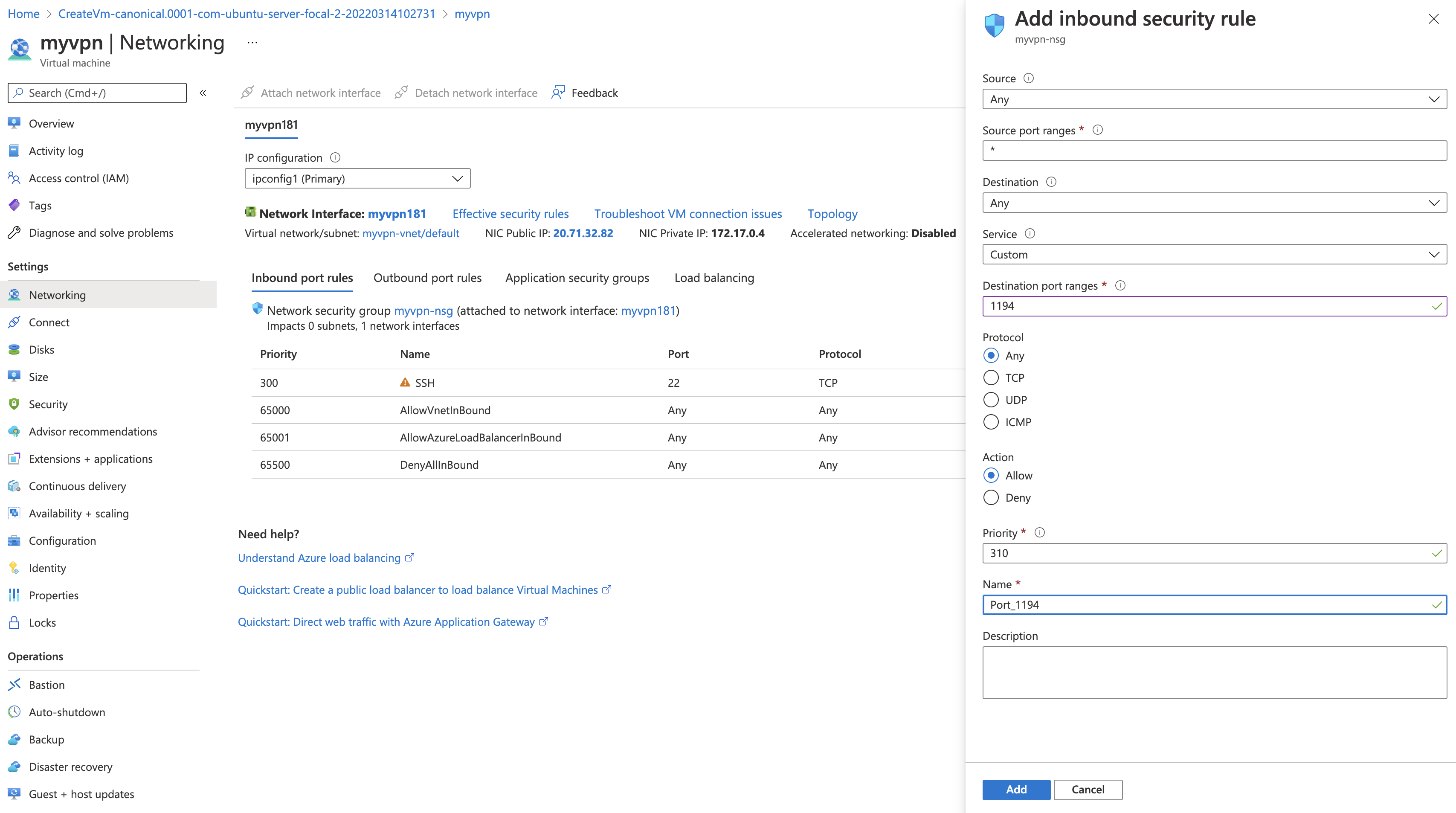 Azure Portal - Security Group